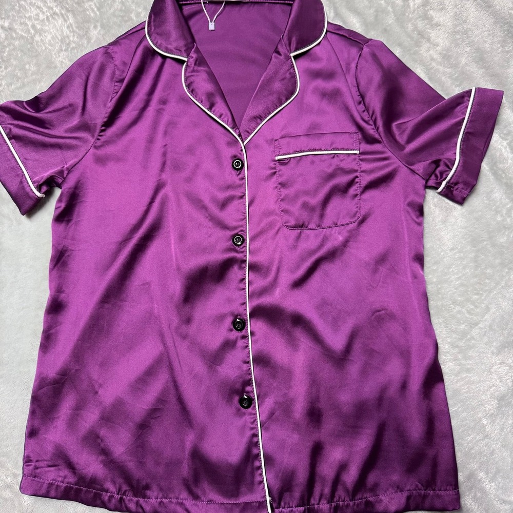 Cheibear Women's Satin Silky Short Sleeve Button Down Loungewear